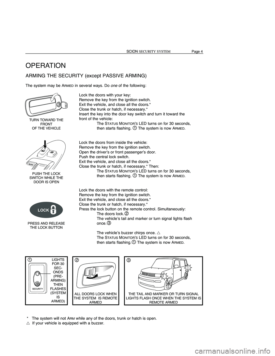 TOYOTA xB 2009  Accessories, Audio & Navigation (in English) Page7SCIONSECURITY SYSTEM
OPERATION
AUTOMAT ICREARMING
When youunlock thedoors usingtheremote control, theScion Security isDISARMEDat the same
time. However, ifyou donot open adoor within 30seconds, t