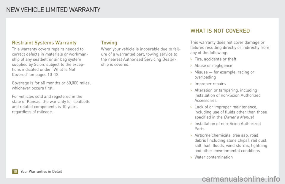TOYOTA xB 2009 Warranties & Maintenance Guides (in English) Restraint Systems Warranty
This warranty covers repairs needed to
correct defects in materials or work man -
ship of any seatbelt or air bag system
supplied by Scion, subject to the excep-
tions in TOYOTA xB 2009 Warranties & Maintenance Guides (in English) Restraint Systems Warranty
This warranty covers repairs needed to
correct defects in materials or work man -
ship of any seatbelt or air bag system
supplied by Scion, subject to the excep-
tions in