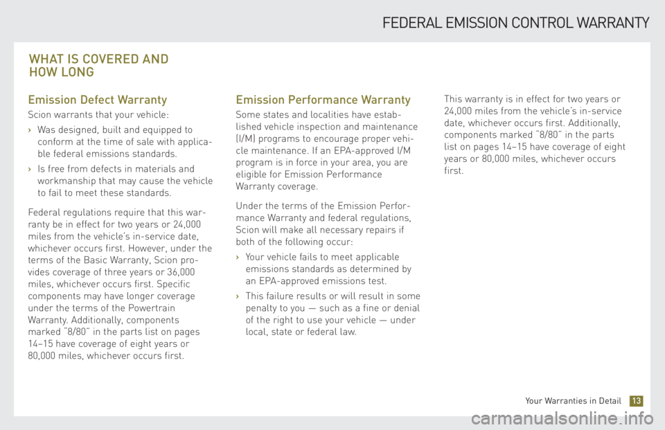 TOYOTA xB 2009 Warranties & Maintenance Guides (in English) Emission Defect Warranty
Scion warrants that your vehicle:
›Was designed, built and equipped to
conform at the time of sale with applica -
ble federal emissions standards.
›Is free from defects TOYOTA xB 2009 Warranties & Maintenance Guides (in English) Emission Defect Warranty
Scion warrants that your vehicle:
›Was designed, built and equipped to
conform at the time of sale with applica -
ble federal emissions standards.
›Is free from defects