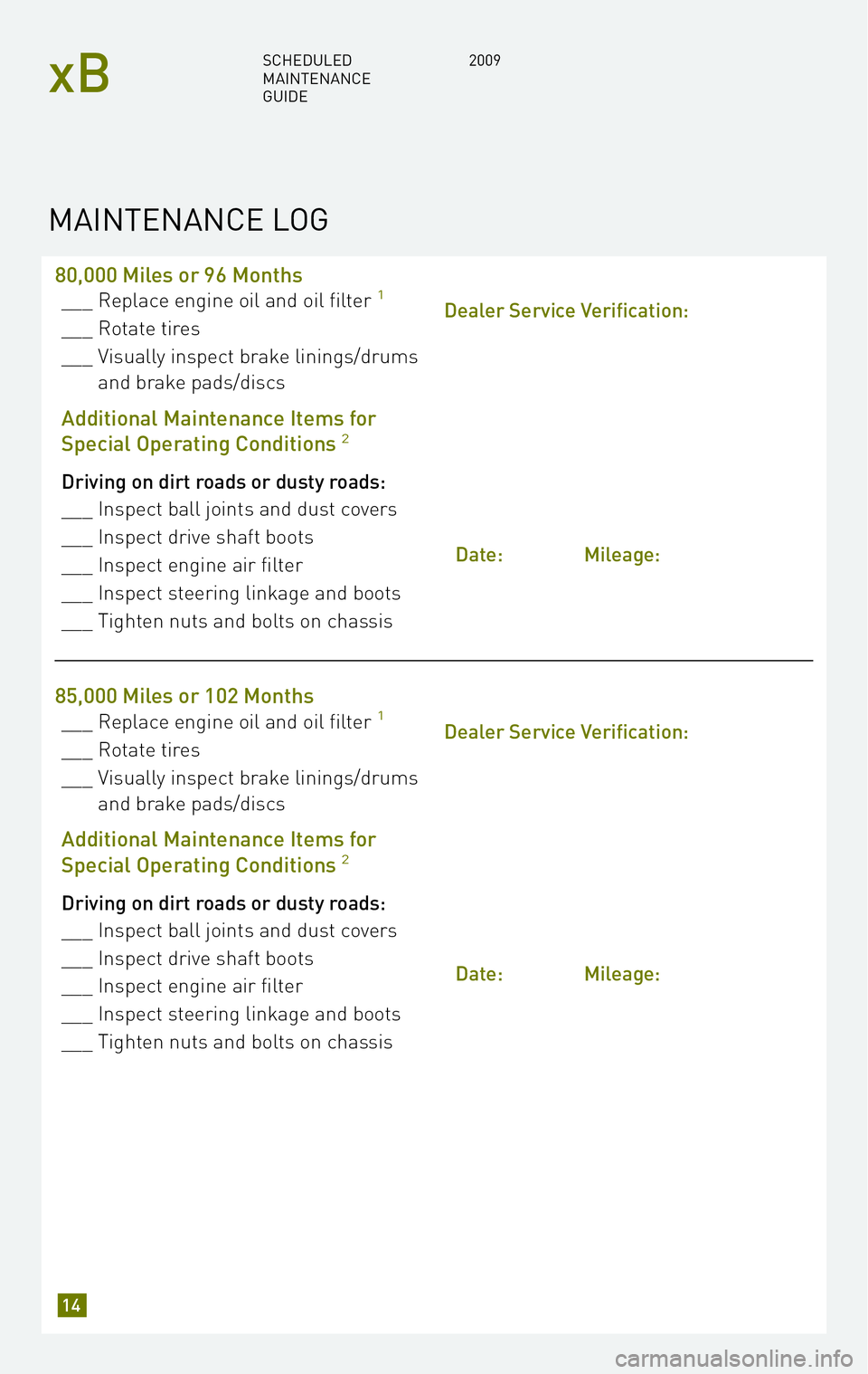 TOYOTA xB 2009 Warranties & Maintenance Guides (in English) 80,000 Miles or 96 Months
___ Replace engine oil and oil filter1
___ Rotate tires
___ Visually inspect brake linings/drums and brake pads/discs
Additional Maintenance Items for
Special Operating Con TOYOTA xB 2009 Warranties & Maintenance Guides (in English) 80,000 Miles or 96 Months
___ Replace engine oil and oil filter1
___ Rotate tires
___ Visually inspect brake linings/drums and brake pads/discs
Additional Maintenance Items for
Special Operating Con