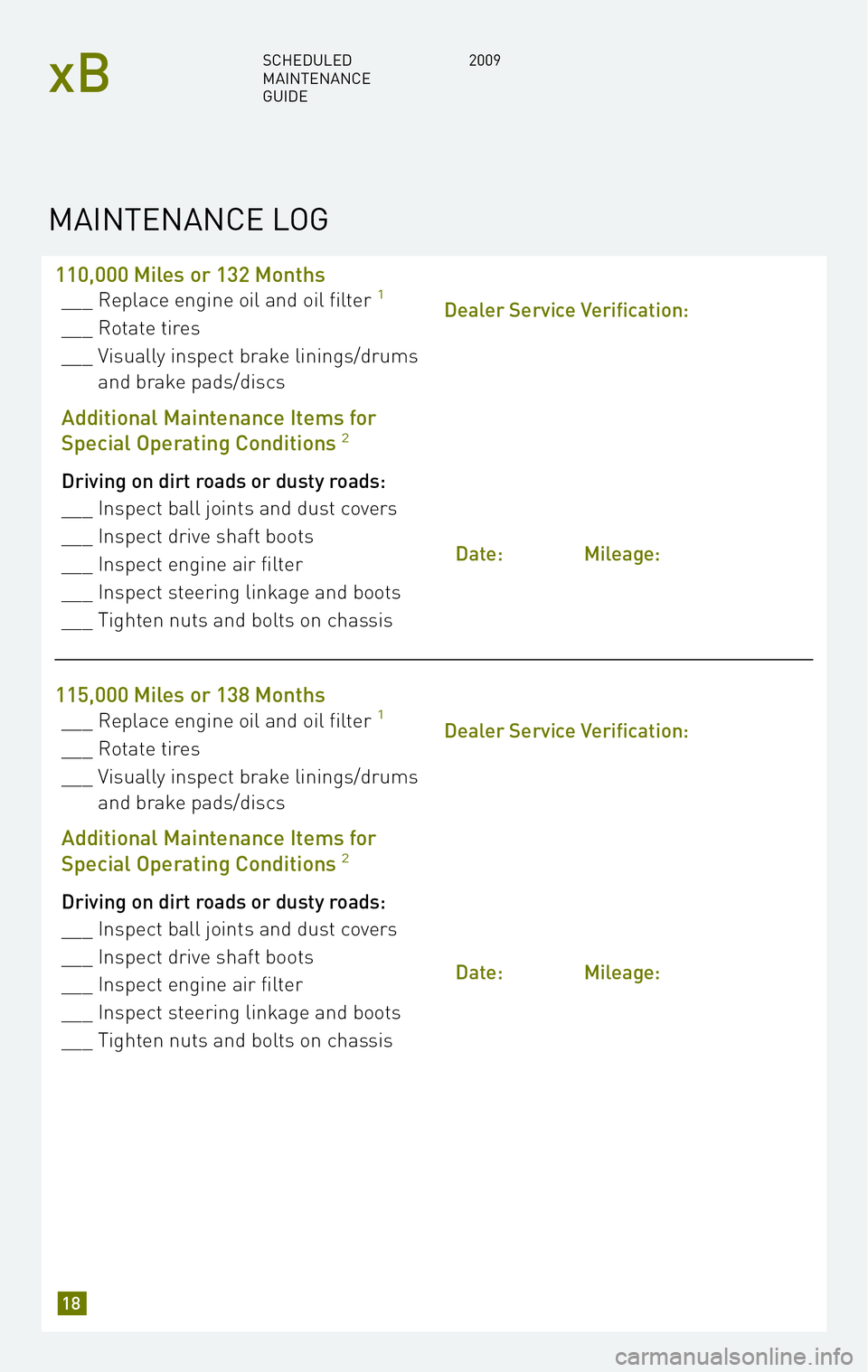 TOYOTA xB 2009 Warranties & Maintenance Guides (in English) 110,000 Miles or 132 Months
___ Replace engine oil and oil filter1
___ Rotate tires
___ Visually inspect brake linings/drums and brake pads/discs
Additional Maintenance Items for
Special Operating C TOYOTA xB 2009 Warranties & Maintenance Guides (in English) 110,000 Miles or 132 Months
___ Replace engine oil and oil filter1
___ Rotate tires
___ Visually inspect brake linings/drums and brake pads/discs
Additional Maintenance Items for
Special Operating C