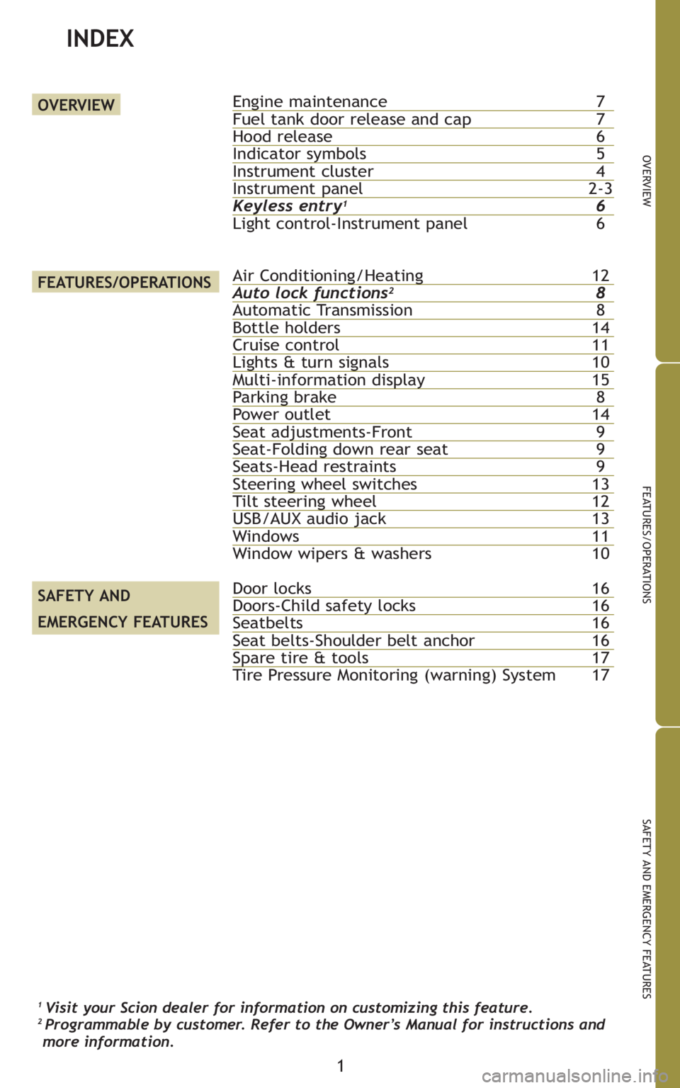 TOYOTA xB 2010  Owners Manual (in English) 1
OVERVIEW
FEATURES/OPERATIONS
SAFETY AND EMERGENCY FEATURES
INDEX
1 Visit your Scion dealer for information on customizing this feature.2 Programmable by customer. Refer to the Owner’s Manual for i