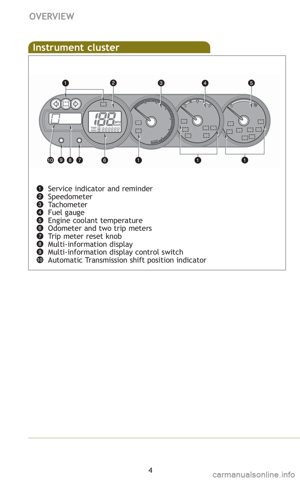 TOYOTA xB 2010  Owners Manual (in English) 4
OVERVIEW
Instrument cluster
Service indicator and reminder
Speedometer
Tachometer
Fuel gauge
Engine coolant temperature
Odometer and two trip meters
Trip meter reset knob
Multi-information display
M