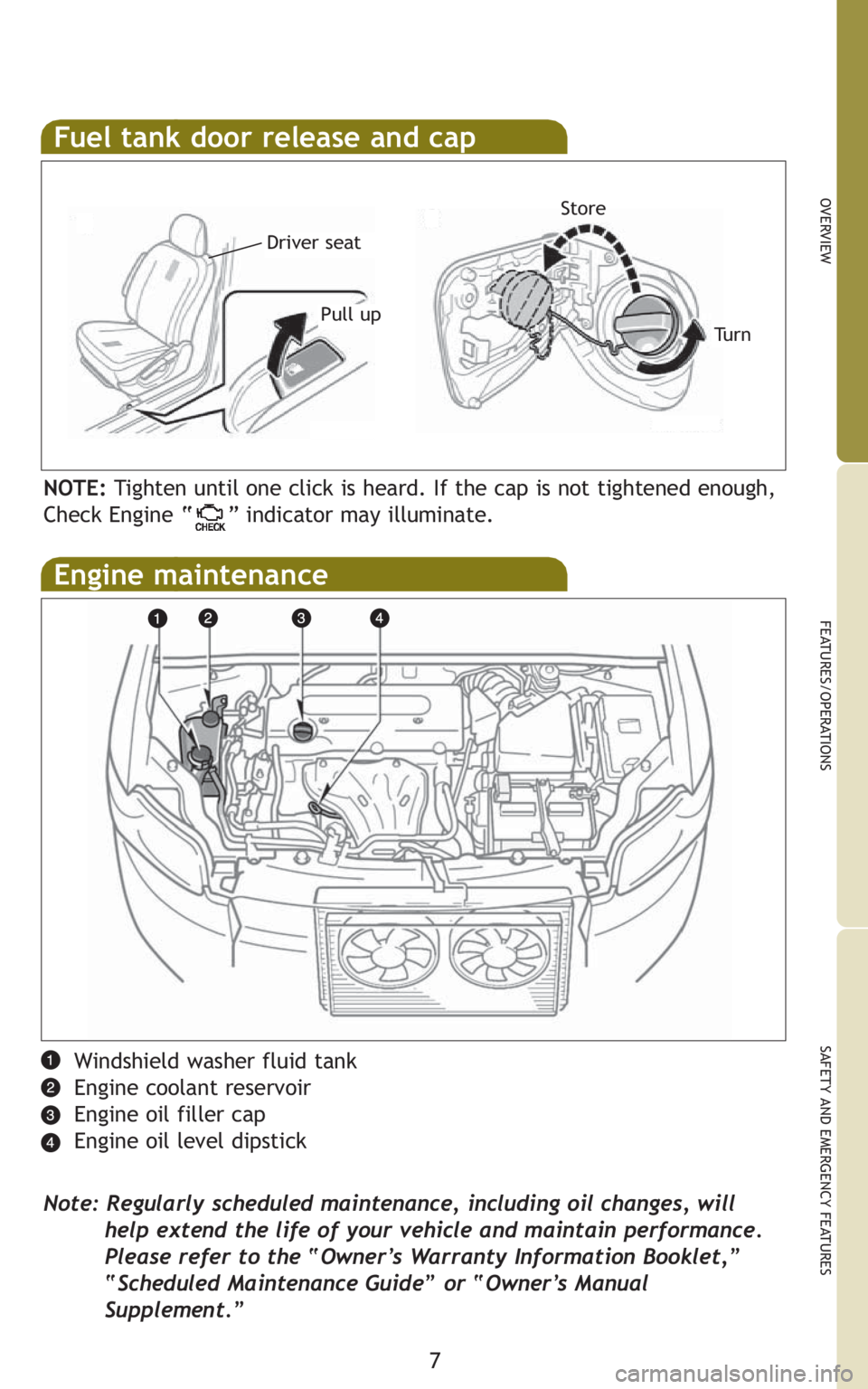 TOYOTA xB 2010  Owners Manual (in English) 7
OVERVIEW
FEATURES/OPERATIONS
SAFETY AND EMERGENCY FEATURES
Fuel tank door release and cap
Pull upStoreTu r n
Windshield washer fluid tank
Engine coolant reservoir
Engine oil filler cap
Engine oil le