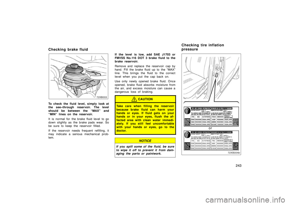 TOYOTA xB 2010  Owners Manual (in English) 243
Checking brake fluid
To check the fluid level, simply look at
the see�through reservoir. The level
should be between the “MAX” and
“MIN” lines on the reservoir.
It  is  normal for  the bra
