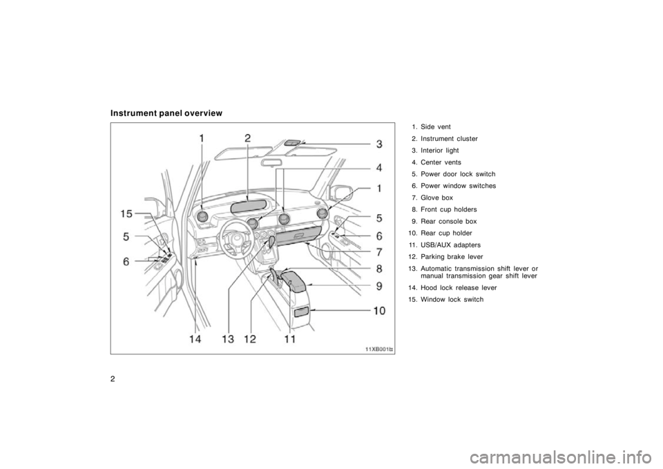 TOYOTA xB 2010  Owners Manual (in English) 2
Instrument panel overview
1. Side vent
2. Instrument cluster
3. Interior light
4. Center vents
5. Power door lock switch
6. Power window switches
7. Glove box
8. Front cup holders
9. Rear console bo