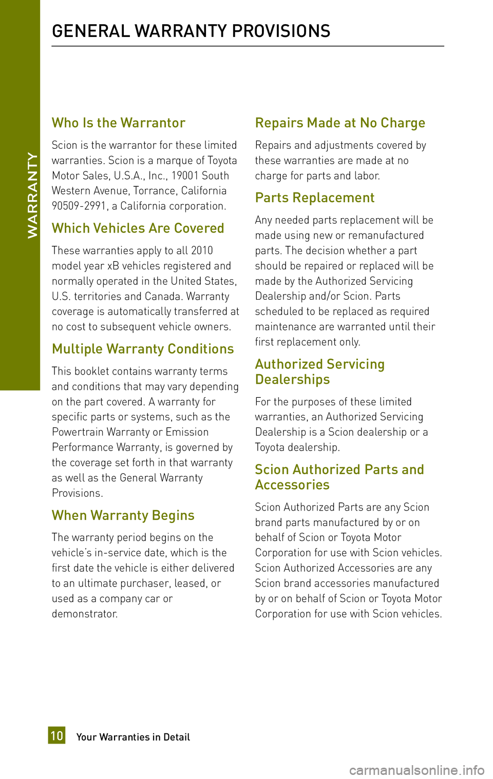 TOYOTA xB 2010 Warranties & Maintenance Guides (in English) TOYOTA xB 2010 Warranties & Maintenance Guides (in English)