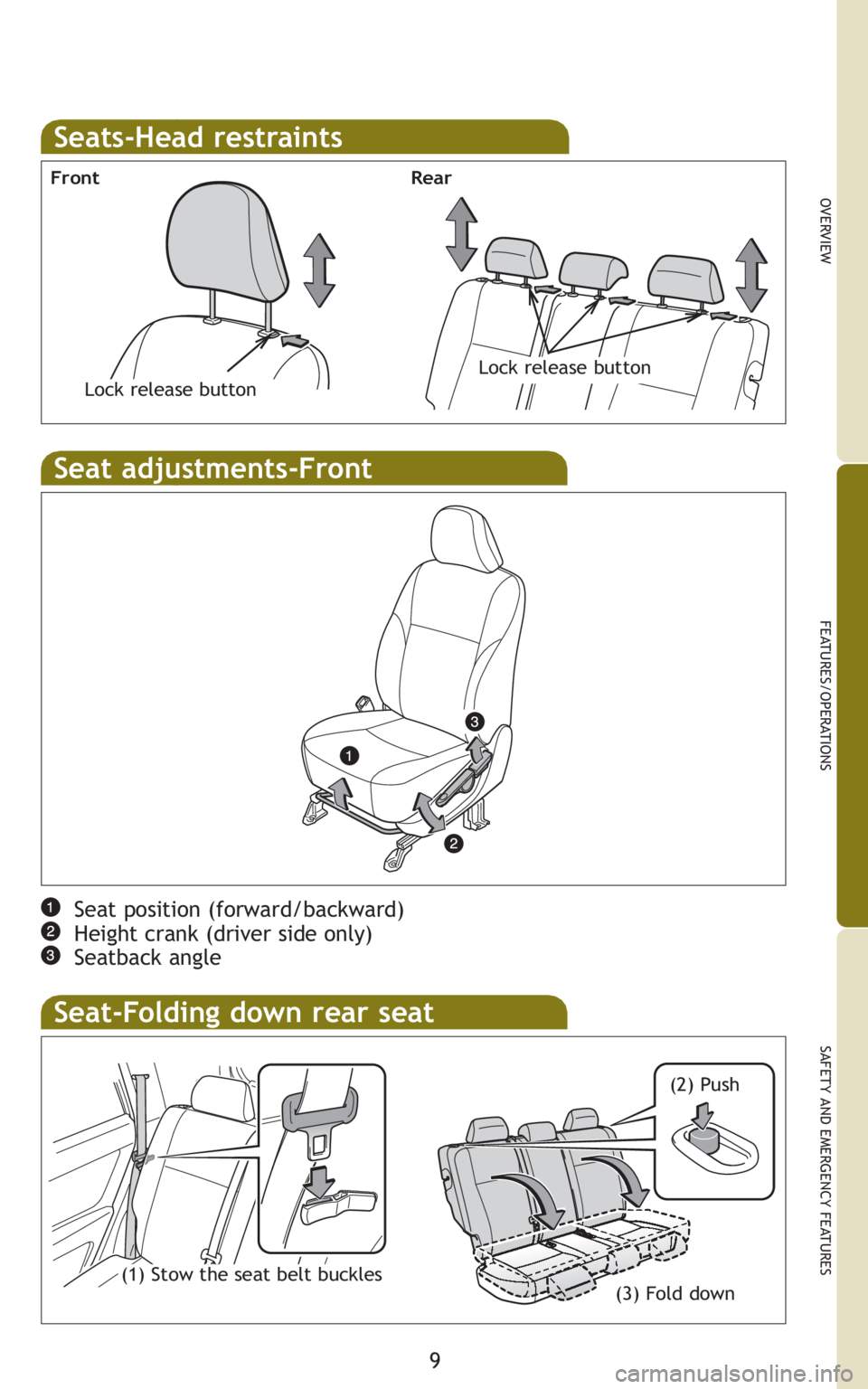 TOYOTA xB 2011  Owners Manual (in English) 9
OVERVIEW
FEATURES/OPERATIONS
SAFETY AND EMERGENCY FEATURES
Seats-Head restraints
Lock release buttonLock release button
Front Rear
Seat adjustments-Front
Seat position (forward/backward)
Height cran