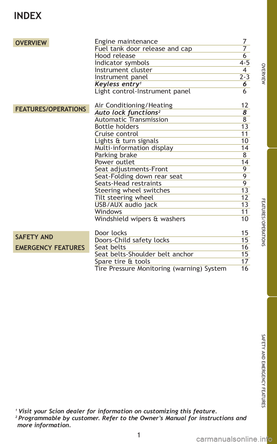 TOYOTA xB 2011  Owners Manual (in English) 1
OVERVIEW
FEATURES/OPERATIONS
SAFETY AND EMERGENCY FEATURES
INDEX
1 Visit your Scion dealer for information on customizing this feature.2 Programmable by customer. Refer to the Owner’s Manual for i