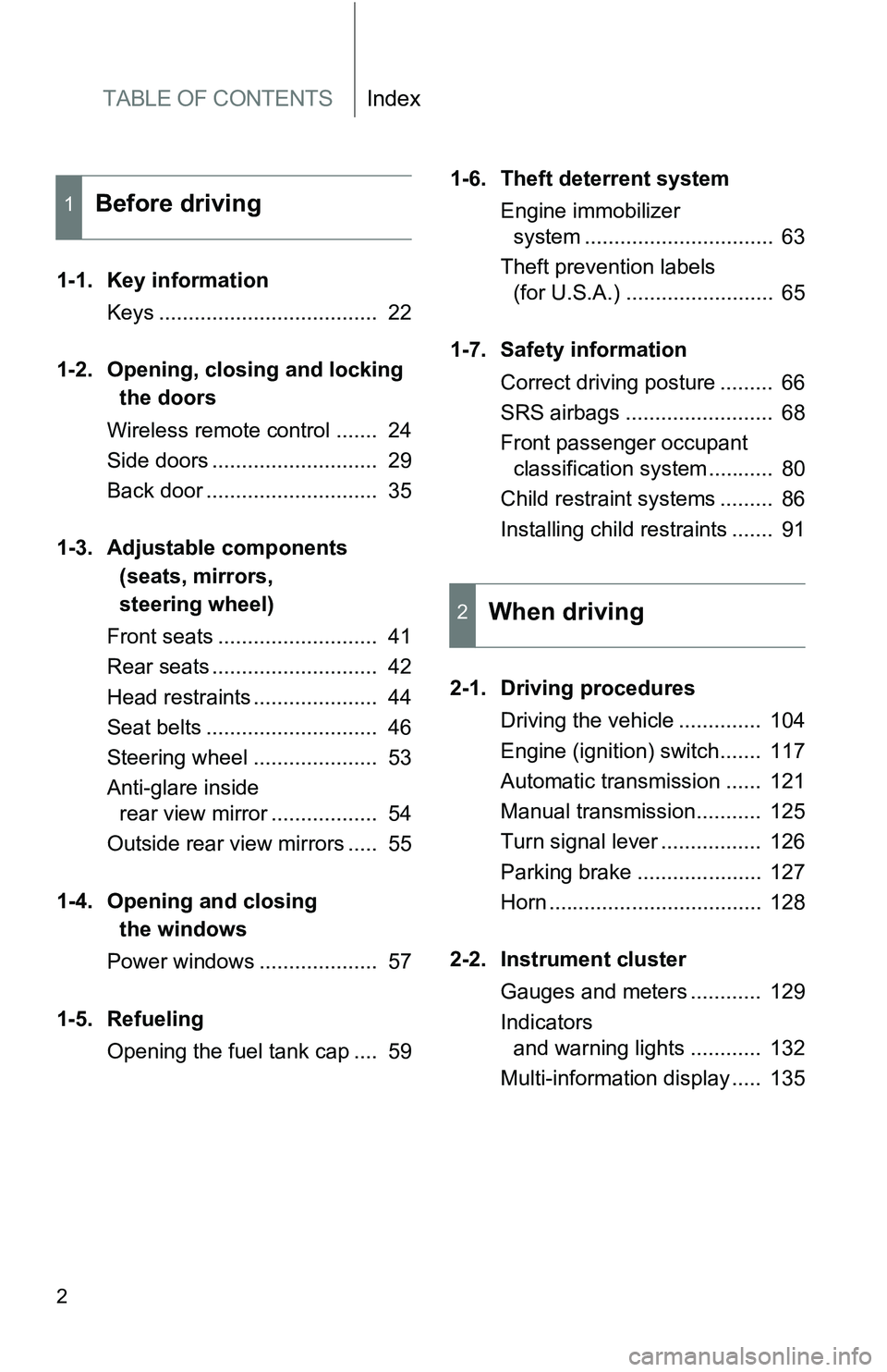 TOYOTA xB 2011  Owners Manual (in English) TABLE OF CONTENTSIndex
2
1-1. Key informationKeys .....................................  22
1-2. Opening,  closing and locking
the doors
Wireless remote control .......  24
Side doors ................