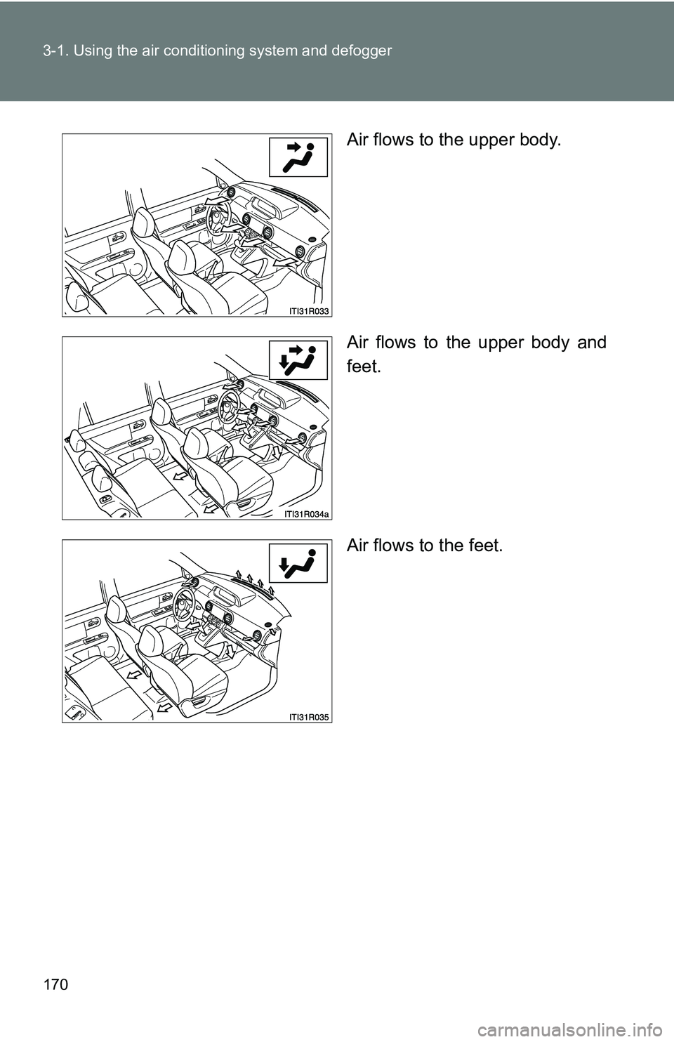 TOYOTA xB 2011  Owners Manual (in English) 170 3-1. Using the air conditioning system and defogger
Air flows to the upper body.
Air flows to the upper body and
feet.
Air flows to the feet. 