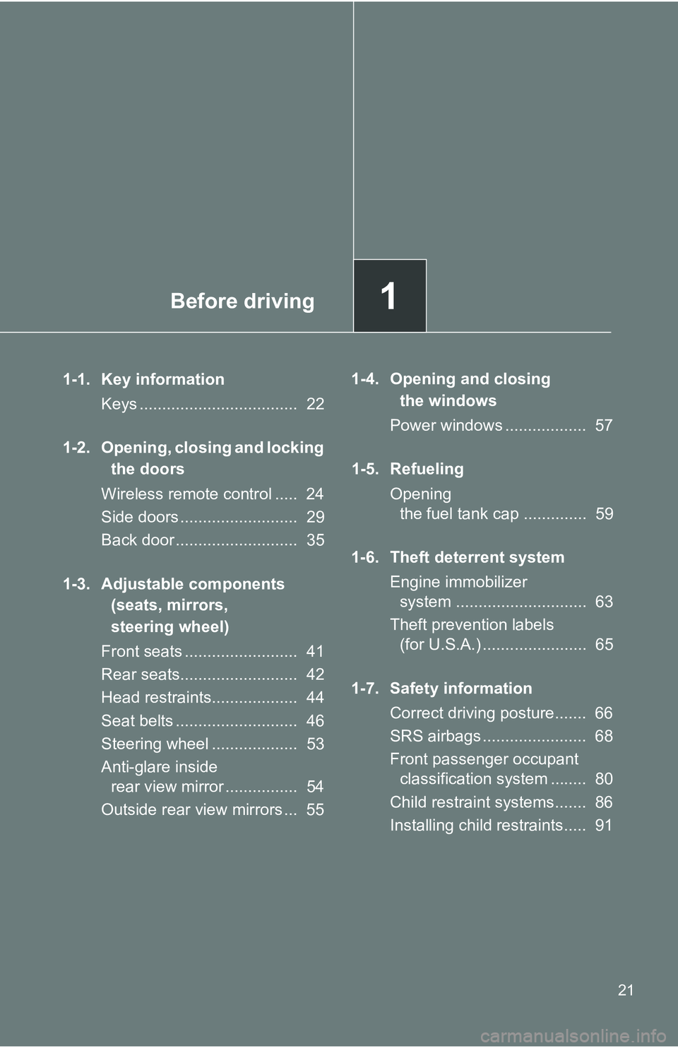 TOYOTA xB 2011   (in English) Owners Manual Before driving1
21
1-1. Key informationKeys ...................................  22
1-2. Opening, closing and locking  the doors
Wireless remote control .....  24
Side doors .......................... TOYOTA xB 2011   (in English) Owners Manual Before driving1
21
1-1. Key informationKeys ...................................  22
1-2. Opening, closing and locking  the doors
Wireless remote control .....  24
Side doors ..........................