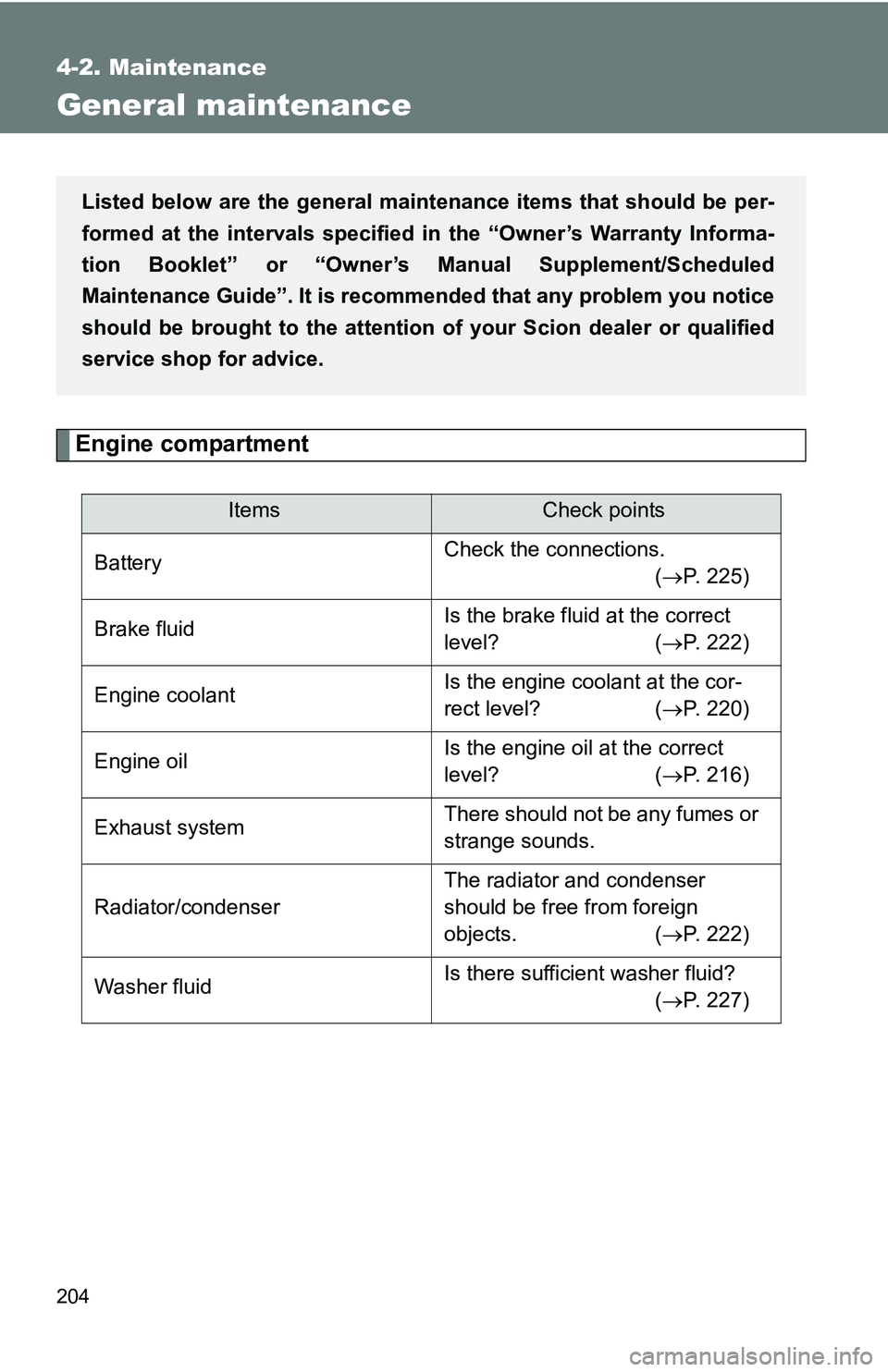 TOYOTA xB 2011  Owners Manual (in English) 204
4-2. Maintenance
General maintenance
Engine compartment
ItemsCheck points
Battery Check the connections.
(P. 225)
Brake fluid Is the brake fluid at the correct 
level? (
P. 222)
Engine coola TOYOTA xB 2011  Owners Manual (in English) 204
4-2. Maintenance
General maintenance
Engine compartment
ItemsCheck points
Battery Check the connections.
(P. 225)
Brake fluid Is the brake fluid at the correct 
level? (
P. 222)
Engine coola