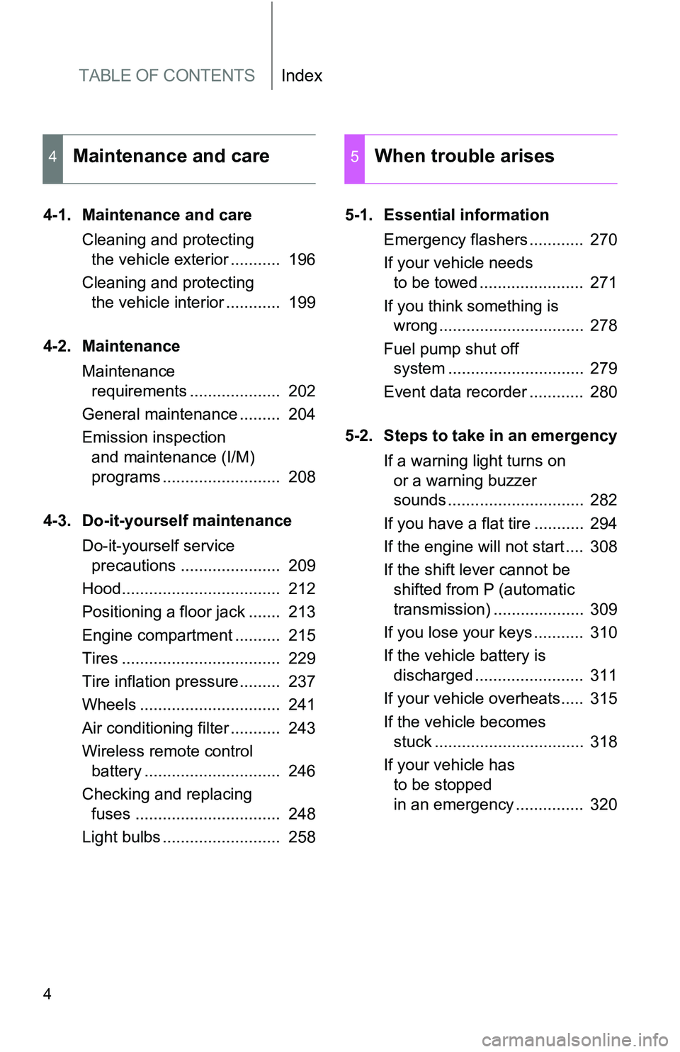 TOYOTA xB 2011  Owners Manual (in English) TABLE OF CONTENTSIndex
4
4-1. Maintenance and careCleaning and protecting the vehicle exterior ...........  196
Cleaning and protecting  the vehicle interior ............  199
4-2. Maintenance Mainten