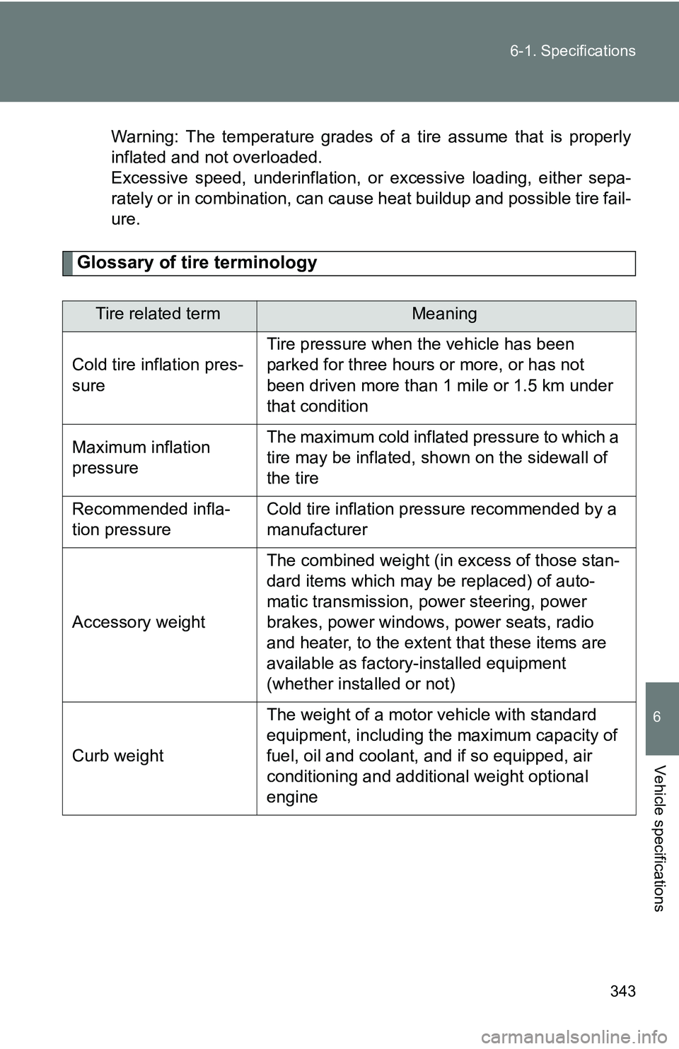 TOYOTA xB 2011  Owners Manual (in English) 343
6-1. Specifications
6
Vehicle specifications
Warning: The temperature grades of a tire assume that is properly
inflated and not overloaded.
Excessive speed, underinflation, or
 excessive loading, 