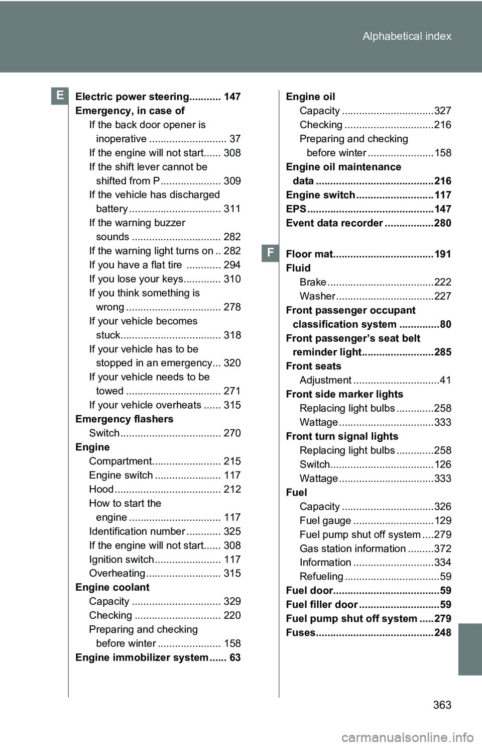 TOYOTA xB 2011  Owners Manual (in English) 363
Alphabetical index
Electric power steering........... 147
Emergency, in case of
If the back door opener is inoperative ........................... 37
If the engine will not start...... 308
If the 