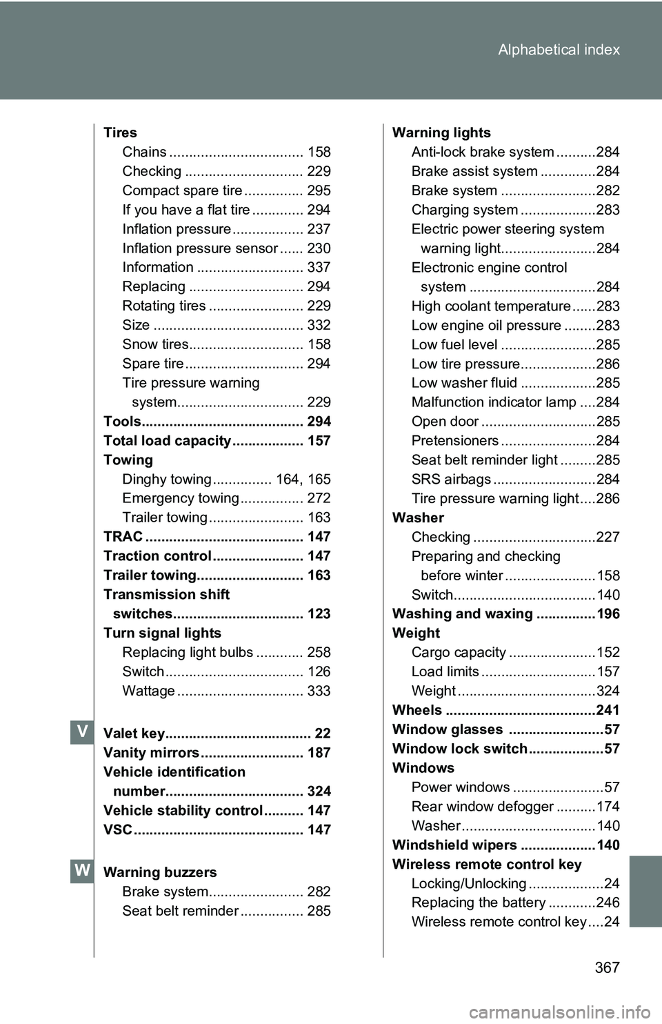 TOYOTA xB 2011  Owners Manual (in English) 367
Alphabetical index
Tires
Chains .................................. 158
Checking .............................. 229
Compact spare tire ............... 295
If you have a flat tire ............. 294
