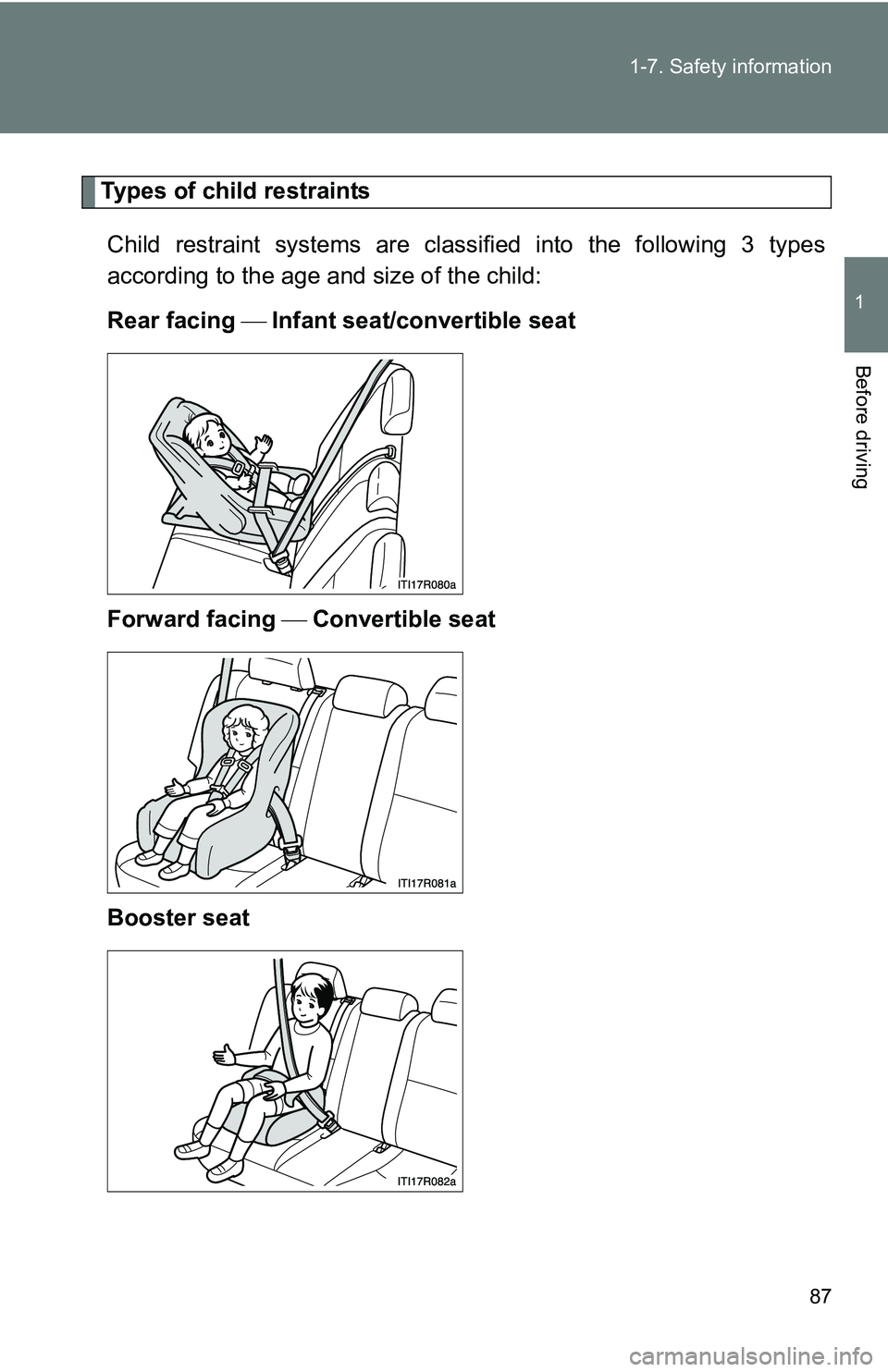 TOYOTA xB 2011   (in English) Manual Online 87
1-7. Safety information
1
Before driving
Types of child restraints
Child restraint systems are classi fied into the following 3 types
according to the age and size of the child:
Rear facing   In