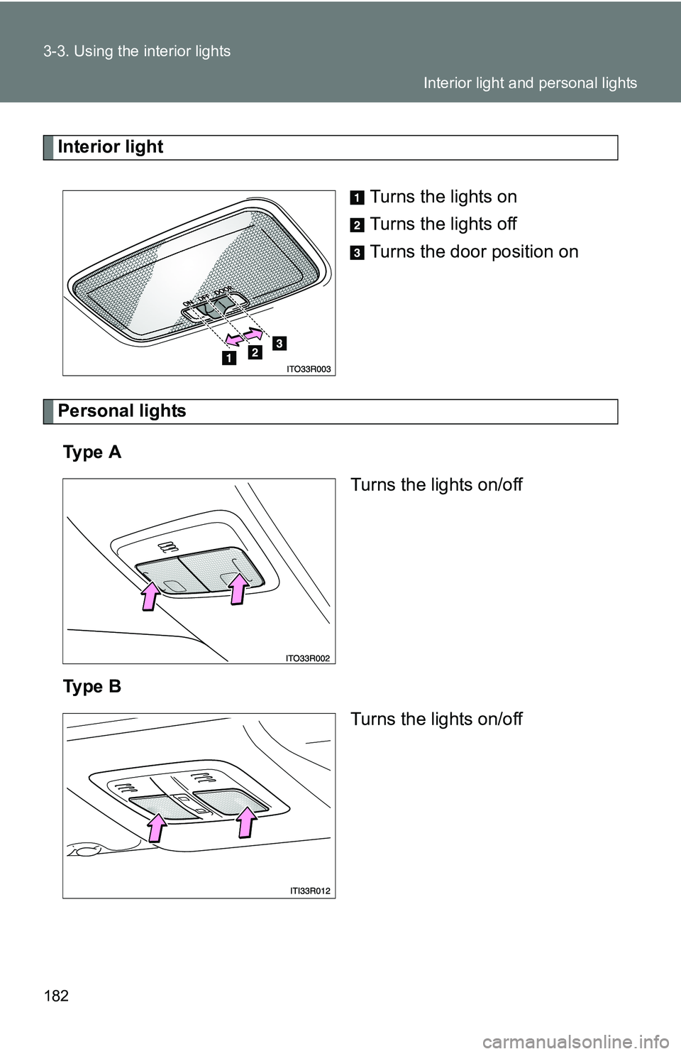 TOYOTA xB 2011  Owners Manual (in English) 182 3-3. Using the interior lights
Interior lightTurns the lights on
Turns the lights off
Turns the door position on
Personal lightsTy p e  A Turns the lights on/off
Ty p e  B Turns the lights on/off
