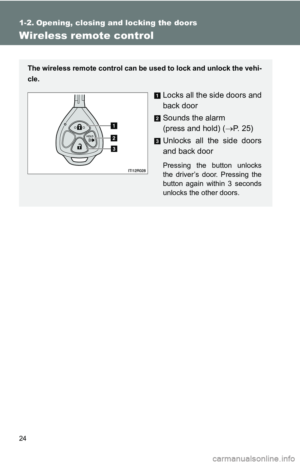TOYOTA xB 2011   (in English) Owners Manual 24
1-2. Opening, closing and locking the doors
Wireless remote control
The wireless remote control can be used to lock and unlock the vehi-
cle.
Locks all the side doors and
back door
Sounds the alarm