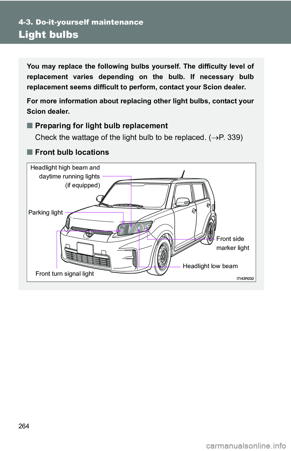 TOYOTA xB 2011  Owners Manual (in English) 264
4-3. Do-it-yourself maintenance
Light bulbs
You may replace the following bulbs yourself. The difficulty level of
replacement varies depending on the bulb. If necessary bulb
replacement seems diff