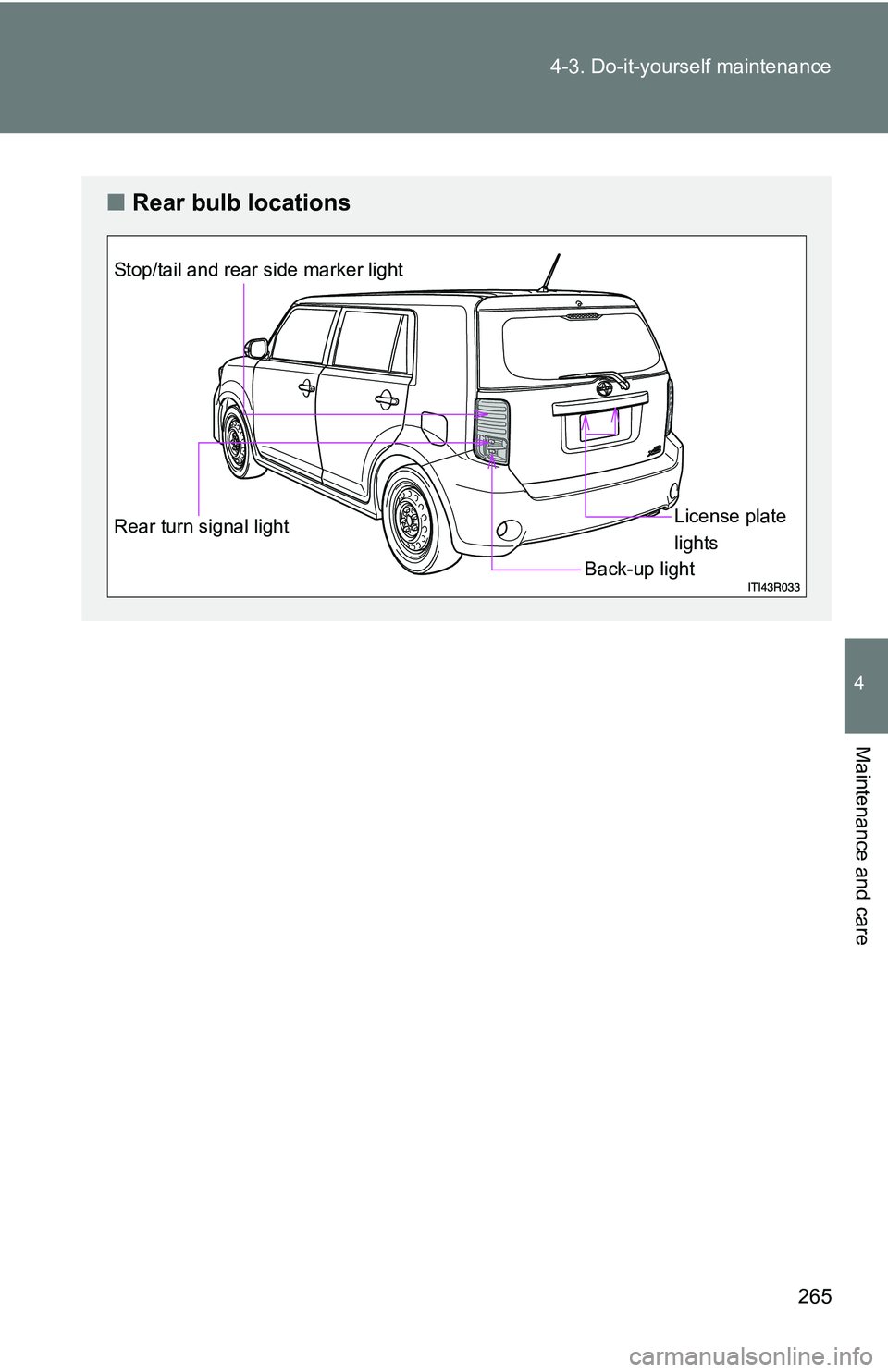 TOYOTA xB 2011  Owners Manual (in English) 265
4-3. Do-it-yourself maintenance
4
Maintenance and care
■
Rear bulb locations
Stop/tail and rear side marker light 
License plate 
lights
Rear turn signal light
Back-up light 