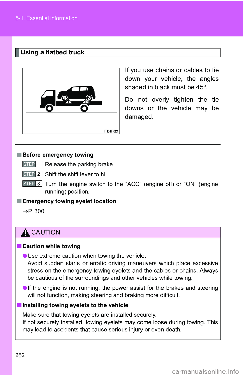 TOYOTA xB 2011 Owners Manual (in English) 282 5-1. Essential information
Using a flatbed truckIf you use chains or cables to tie
down your vehicle, the angles
shaded in black must be 45.
Do not overly tighten the tie
downs or the vehicle m TOYOTA xB 2011 Owners Manual (in English) 282 5-1. Essential information
Using a flatbed truckIf you use chains or cables to tie
down your vehicle, the angles
shaded in black must be 45.
Do not overly tighten the tie
downs or the vehicle m