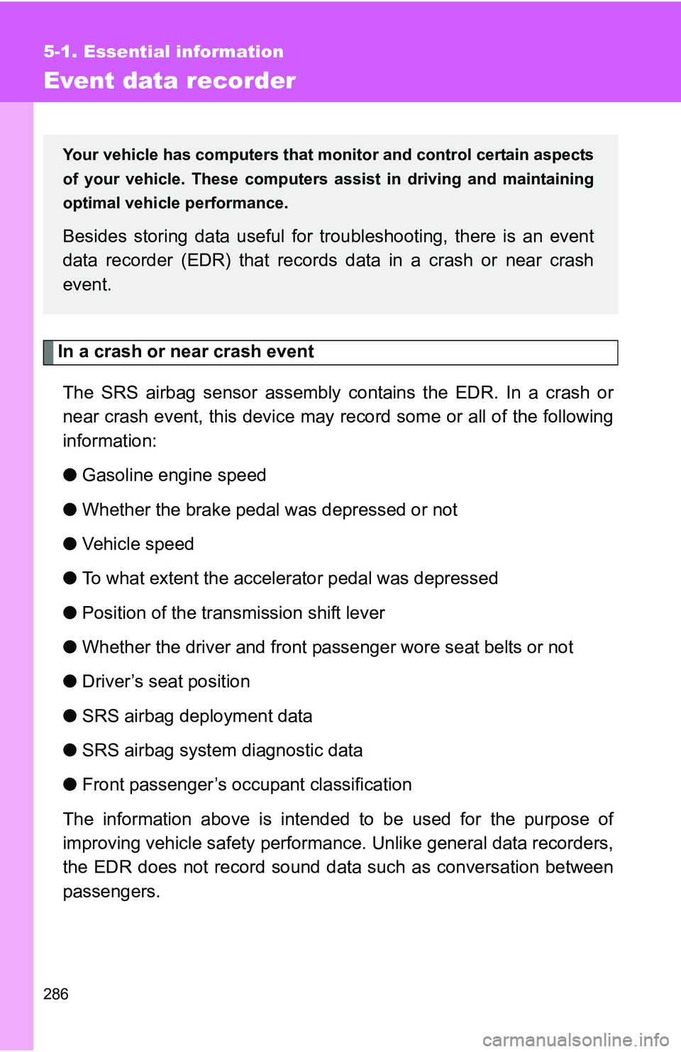 TOYOTA xB 2011 Owners Manual (in English) 286
5-1. Essential information
Event data recorder
In a crash or near crash eventThe SRS airbag sensor assembly co ntains the EDR. In a crash or
near crash event, this device may record some or all of TOYOTA xB 2011 Owners Manual (in English) 286
5-1. Essential information
Event data recorder
In a crash or near crash eventThe SRS airbag sensor assembly co ntains the EDR. In a crash or
near crash event, this device may record some or all of