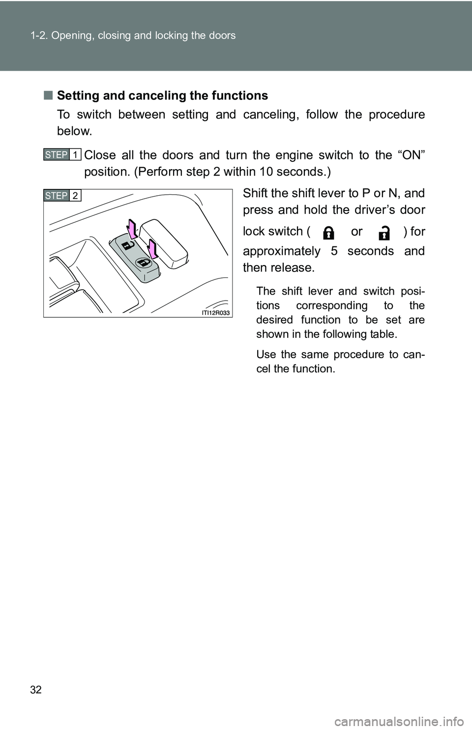 TOYOTA xB 2011   (in English) Owners Guide 32 1-2. Opening, closing and locking the doors
■Setting and canceling the functions
To switch between setting and canceling, follow the procedure
below.
Close all the doors and turn the engine switc