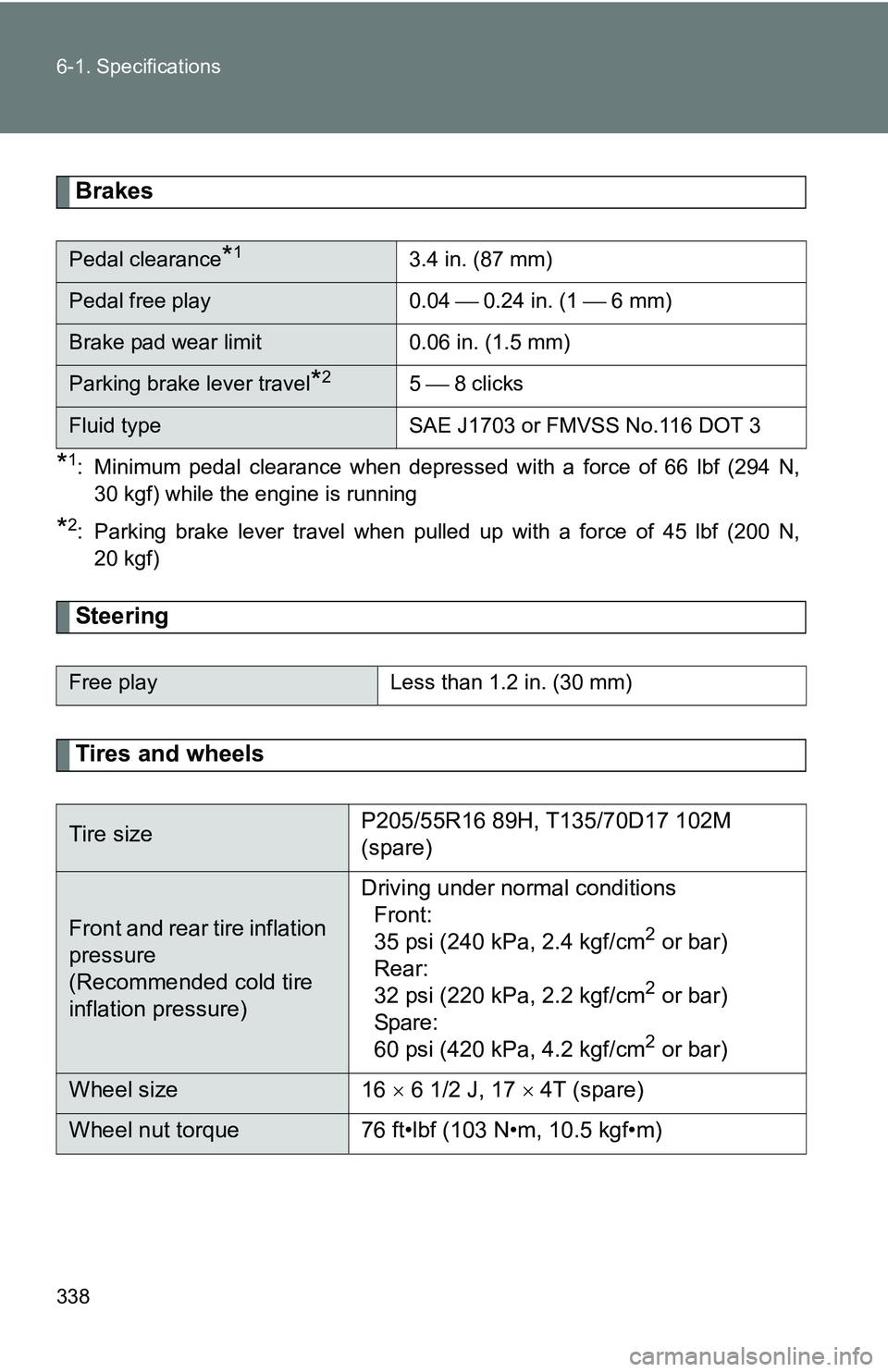 TOYOTA xB 2011  Owners Manual (in English) 338 6-1. Specifications
Brakes
*1: Minimum pedal clearance when depressed with a force of 66 lbf (294 N,30 kgf) while the engine is running
*2: Parking brake lever travel when pulled up with a force o