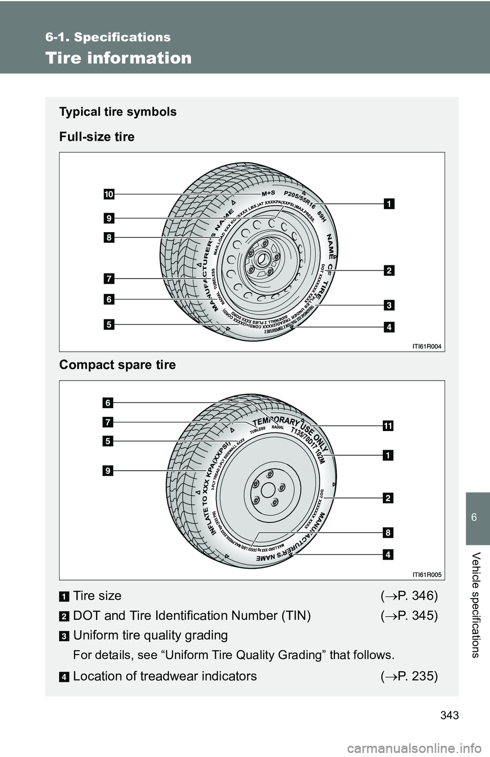 TOYOTA xB 2011 Owners Manual (in English) 343
6-1. Specifications
6
Vehicle specifications
Tire infor mation
Typical tire symbols
Full-size tire
Compact spare tireTire size ( P. 346)
DOT and Tire Identification Number (TIN) ( P. 345)
Un TOYOTA xB 2011 Owners Manual (in English) 343
6-1. Specifications
6
Vehicle specifications
Tire infor mation
Typical tire symbols
Full-size tire
Compact spare tireTire size ( P. 346)
DOT and Tire Identification Number (TIN) ( P. 345)
Un