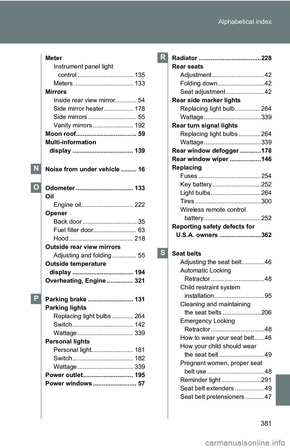 TOYOTA xB 2011 Owners Manual (in English) 381
Alphabetical index
Meter
Instrument panel light
control ................................ 135
Meters .................................. 133
Mirrors
Inside rear view mirror ............ 54
Side mir TOYOTA xB 2011 Owners Manual (in English) 381
Alphabetical index
Meter
Instrument panel light
control ................................ 135
Meters .................................. 133
Mirrors
Inside rear view mirror ............ 54
Side mir