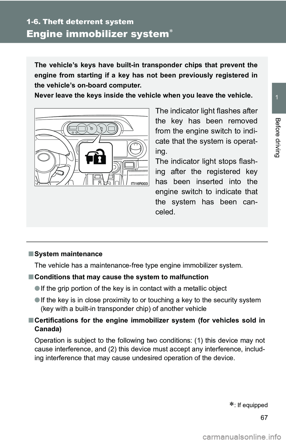 TOYOTA xB 2011   (in English) Repair Manual 67
1
Before driving
1-6. Theft deterrent system
Engine immobilizer system
: If equipped
■System maintenance
The vehicle has a maintenance-free type engine immobilizer system.
■ Conditions th