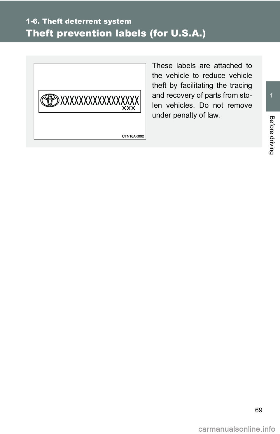 TOYOTA xB 2011   (in English) Repair Manual 69
1
1-6. Theft deterrent system
Before driving
Theft prevention labels (for U.S.A.)
These labels are attached to
the vehicle to reduce vehicle
theft by facilitating the tracing
and recovery of parts 