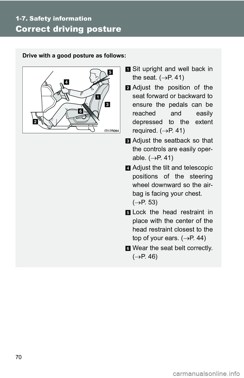 TOYOTA xB 2011   (in English) Repair Manual 70
1-7. Safety information
Correct driving posture
Drive with a good posture as follows:
Sit upright and well back in
the seat. (P.  4 1 )
Adjust the position of the
seat forward or backward to
ens