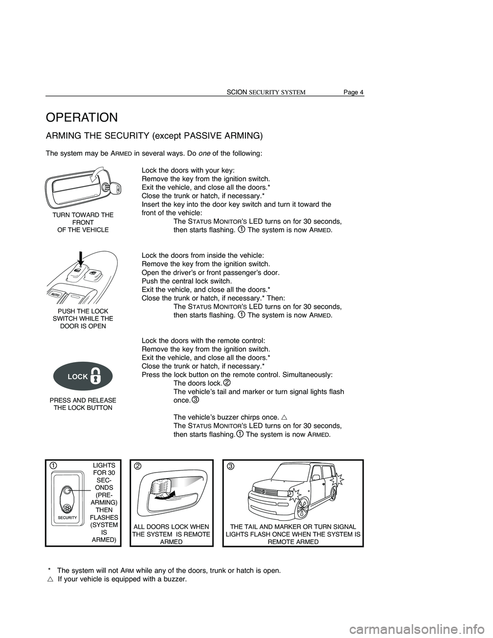TOYOTA xB 2011 Accessories, Audio & Navigation (in English) Page7SCIONSECURITY SYSTEM
OPERATION
AUTOMAT ICREARMING
When youunlock thedoors usingtheremote control, theScion Security isDISARMEDat the same
time. However, ifyou donot open adoor within 30seconds, t TOYOTA xB 2011 Accessories, Audio & Navigation (in English) Page7SCIONSECURITY SYSTEM
OPERATION
AUTOMAT ICREARMING
When youunlock thedoors usingtheremote control, theScion Security isDISARMEDat the same
time. However, ifyou donot open adoor within 30seconds, t