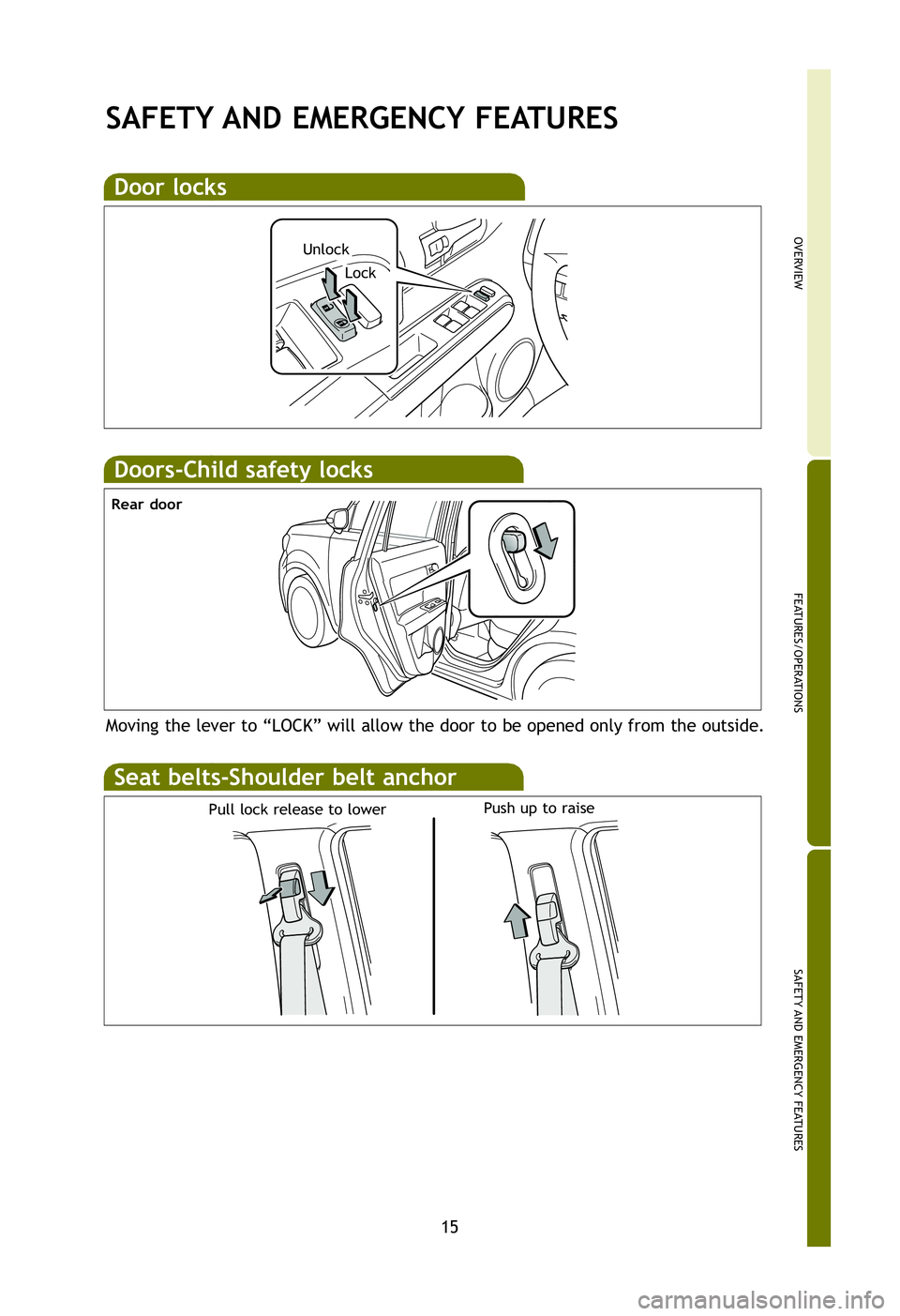 TOYOTA xB 2012   (in English) User Guide OVERVIEW
FEATURES/OPERATIONS
SAFETY AND EMERGENCY FEATURES
15
e.
SAFETY AND EMERGENCY FEATURES
Doors-Child safety locks
Moving the lever to “LOCK” will allow the door to be opened only f\
rom the 