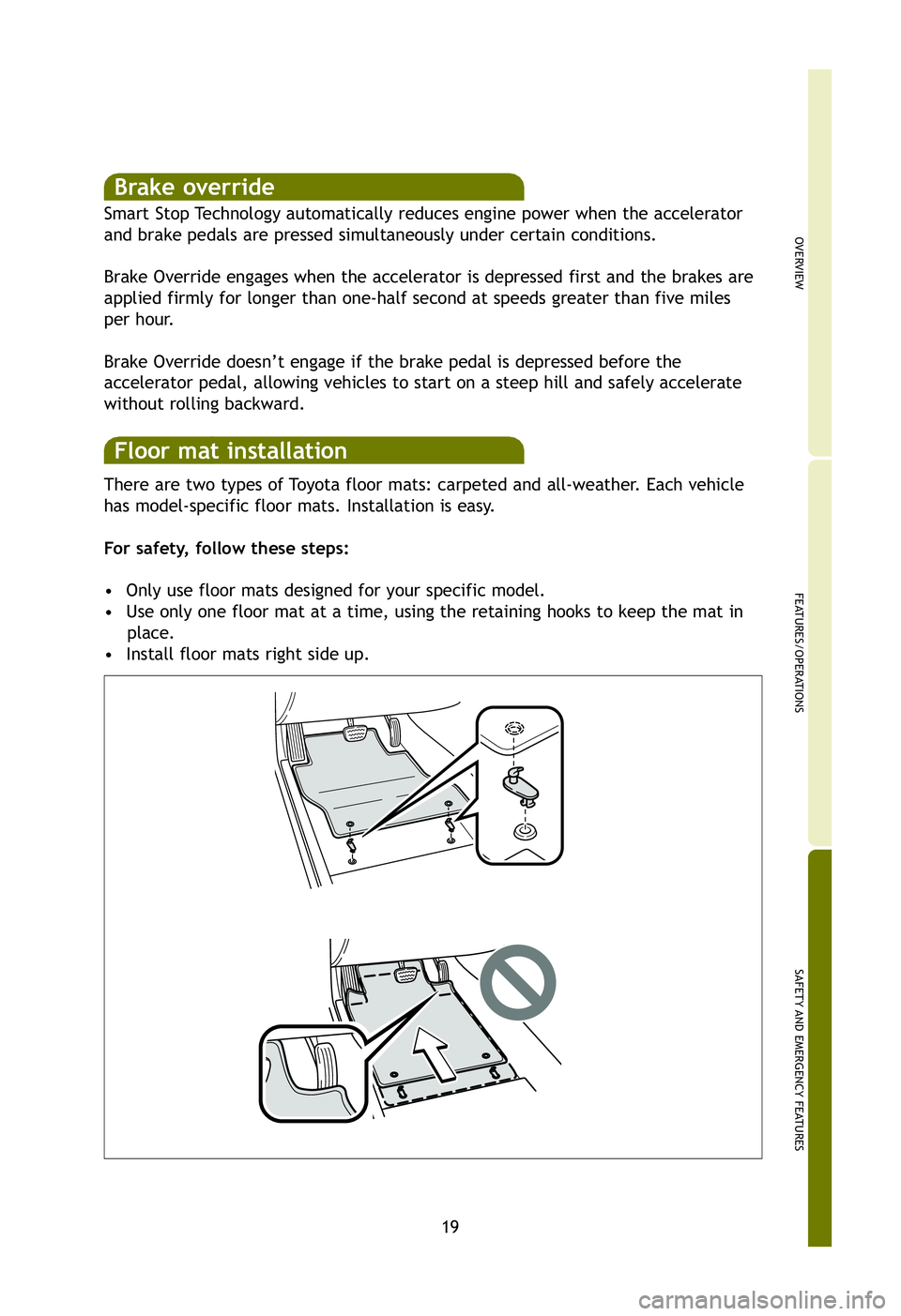 TOYOTA xB 2012   (in English) Owners Manual OVERVIEW
FEATURES/OPERATIONS
SAFETY AND EMERGENCY FEATURES
19
nd.s
on
for
p by
. 
king
han
and
n
.
tilt
en
There are two types of Toyota floor mats: carpeted and all-weather. Each vehicle
has model-sp