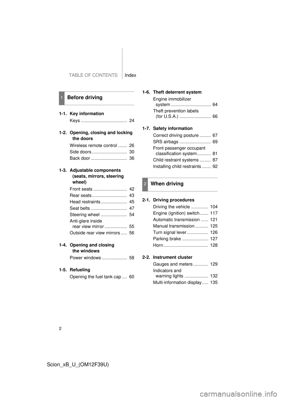 TOYOTA xB 2012  Owners Manual (in English) TABLE OF CONTENTSIndex
2
Scion_xB_U_(OM12F39U)
1-1. Key informationKeys .....................................  24
1-2. Opening,  closing and locking
the doors
Wireless remote control .......  26
Side 