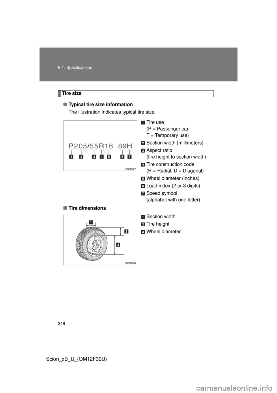 TOYOTA xB 2012 Owners Manual (in English) 346 6-1. Specifications
Scion_xB_U_(OM12F39U)
Tire size■ Typical tire size information
The illustration indicates typical tire size.
Tire use
(P = Passenger car,
T = Temporary use)
Section width (m TOYOTA xB 2012 Owners Manual (in English) 346 6-1. Specifications
Scion_xB_U_(OM12F39U)
Tire size■ Typical tire size information
The illustration indicates typical tire size.
Tire use
(P = Passenger car,
T = Temporary use)
Section width (m