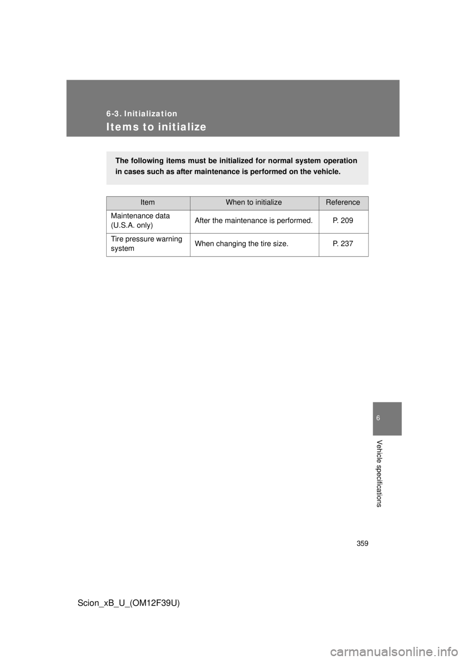TOYOTA xB 2012 Owners Manual (in English) 359
6
Vehicle specifications
Scion_xB_U_(OM12F39U)
6-3. Initialization
Items to initialize
ItemWhen to initializeReference
Maintenance data
(U.S.A. only) After the maintenance is performed. P. 209
Ti TOYOTA xB 2012 Owners Manual (in English) 359
6
Vehicle specifications
Scion_xB_U_(OM12F39U)
6-3. Initialization
Items to initialize
ItemWhen to initializeReference
Maintenance data
(U.S.A. only) After the maintenance is performed. P. 209
Ti