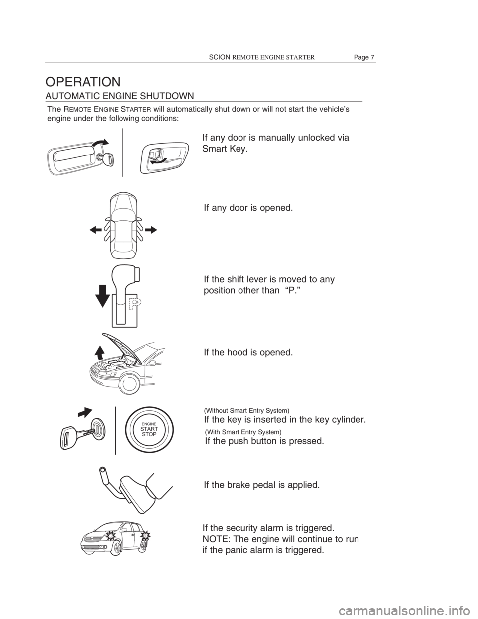 TOYOTA xB 2012 Accessories, Audio & Navigation (in English) If any door is manually unlocked via
Smart Key.
If any door is opened.
If the shift lever is moved to any
position other than “P.”
If the hood is opened.
OPERATION
AUTOMATIC ENGINE SHUTDOWN
ENGI TOYOTA xB 2012 Accessories, Audio & Navigation (in English) If any door is manually unlocked via
Smart Key.
If any door is opened.
If the shift lever is moved to any
position other than “P.”
If the hood is opened.
OPERATION
AUTOMATIC ENGINE SHUTDOWN
ENGI