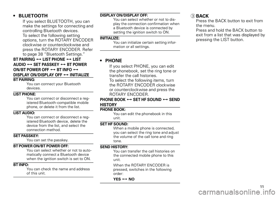 TOYOTA xB 2012  Accessories, Audio & Navigation (in English) 
11
<CRB3644-A/U>11

BLUETOOTH
If you select BLUETOOTH, you can make the settings for connecting and controlling Bluetooth devices.To select the following setting options, turn the ROTARY ENCODER cloc
