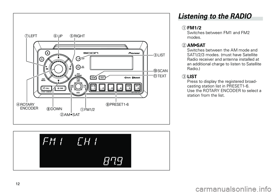 TOYOTA xB 2012  Accessories, Audio & Navigation (in English) 
1
<CRB3644-A/U>1 

Listening to the RADIO
1 FM1/2Switches between FM1 and FM2 modes.
2  AM•SATSwitches between the AM mode and SAT1/2/3 modes. (must have Satellite Radio receiver and ante