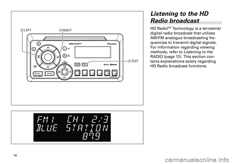 TOYOTA xB 2012  Accessories, Audio & Navigation (in English) 
14
<CRB3644-A/U>14

Listening to the HD 
Radio broadcast
HD RadioTM Technology is a terrestrial 
digital radio broadcast that utilizes 
AM/FM analogue broadcasting fre-
quencies to transmit digital s