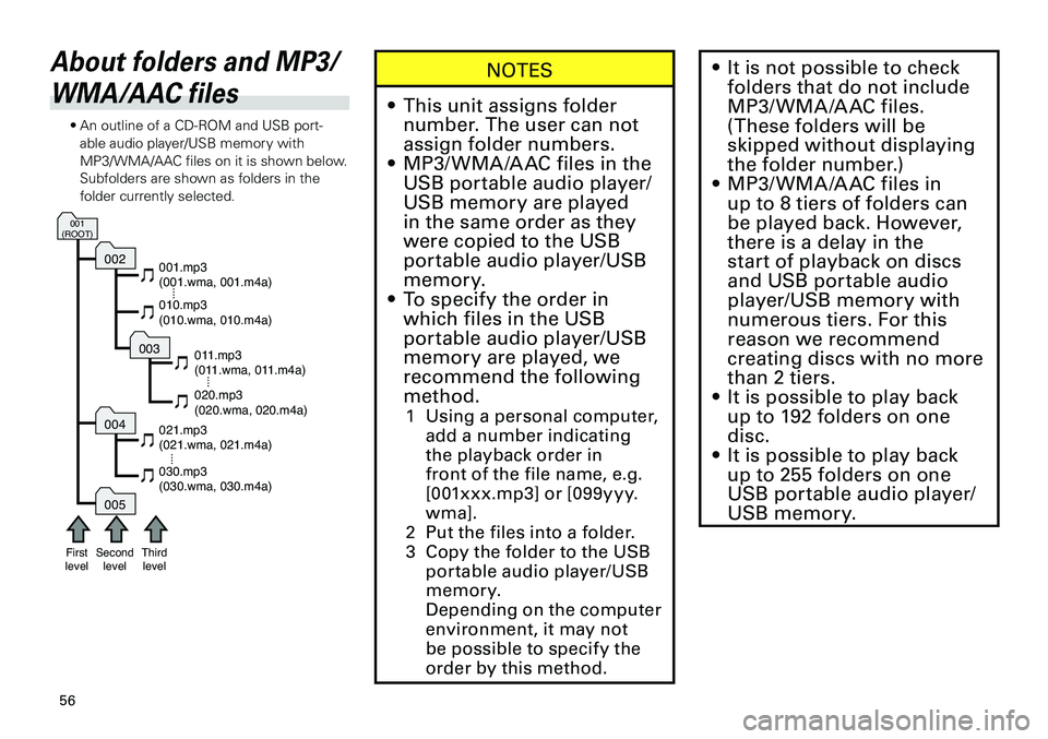 TOYOTA xB 2012 Accessories, Audio & Navigation (in English)
56
<CRB3644-A/U>56
About folders and MP3/
WMA/AAC files
• An outline of a CD-ROM and USB port-able audio player/USB memory with MP3/WMA/AAC files on it is shown below. Subfolders are shown as fold TOYOTA xB 2012 Accessories, Audio & Navigation (in English)
56
<CRB3644-A/U>56
About folders and MP3/
WMA/AAC files
• An outline of a CD-ROM and USB port-able audio player/USB memory with MP3/WMA/AAC files on it is shown below. Subfolders are shown as fold