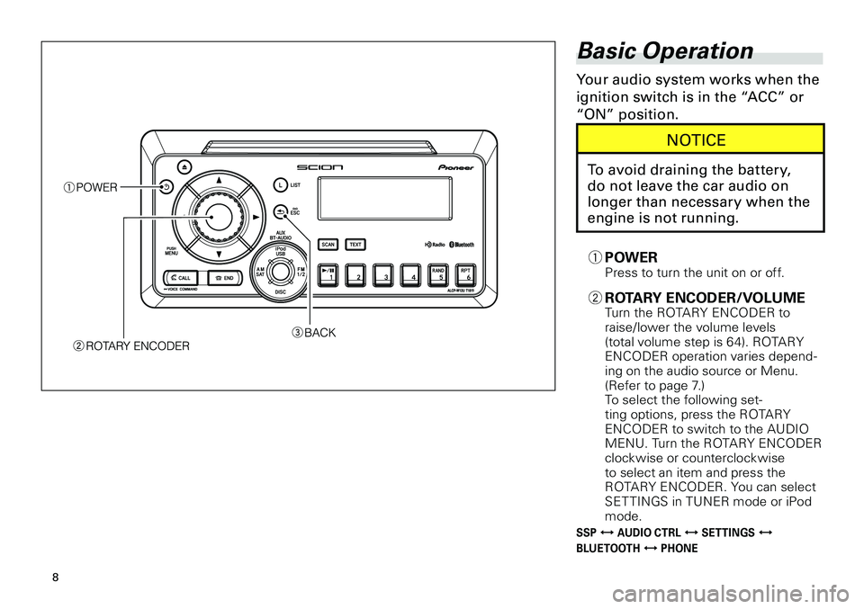 TOYOTA xB 2012 Accessories, Audio & Navigation (in English)
8
<CRB3644-A/U>8
Basic Operation
Your audio system works when the
ignition switch is in the “ACC” or
“ON” position.
NOTICE
To avoid draining the battery,
do not leave the car audio on
lo TOYOTA xB 2012 Accessories, Audio & Navigation (in English)
8
<CRB3644-A/U>8
Basic Operation
Your audio system works when the
ignition switch is in the “ACC” or
“ON” position.
NOTICE
To avoid draining the battery,
do not leave the car audio on
lo