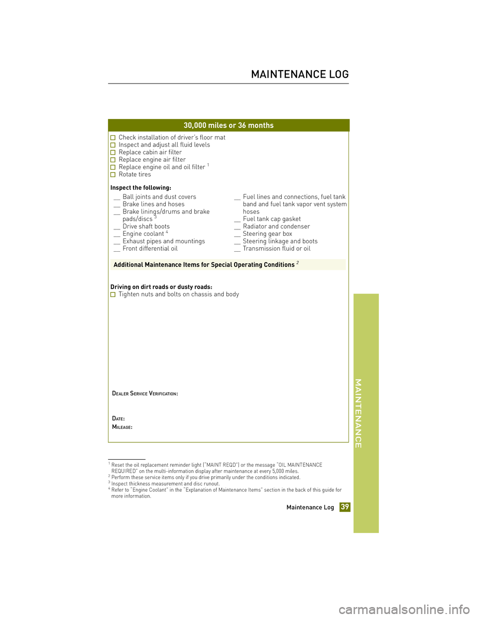 TOYOTA xB 2012 Warranties & Maintenance Guides (in English) JOBNAME: 972914-2012-sxb-toyw PAGE: 39 SESS: 14 OUTPUT: Thu Apr 7 13:10:18 2011
/tweddle/toyota/sched-maint/972914-en-sxb/wg
30,000 miles or 36 months
Check installation of driver’s floor matInspect TOYOTA xB 2012 Warranties & Maintenance Guides (in English) JOBNAME: 972914-2012-sxb-toyw PAGE: 39 SESS: 14 OUTPUT: Thu Apr 7 13:10:18 2011
/tweddle/toyota/sched-maint/972914-en-sxb/wg
30,000 miles or 36 months
Check installation of driver’s floor matInspect