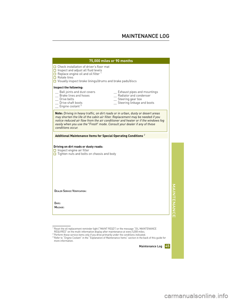 TOYOTA xB 2012 Warranties & Maintenance Guides (in English) JOBNAME: 972914-2012-sxb-toyw PAGE: 45 SESS: 14 OUTPUT: Thu Apr 7 13:10:18 2011
/tweddle/toyota/sched-maint/972914-en-sxb/wg
75,000 miles or 90 months
Check installation of driver’s floor matInspect TOYOTA xB 2012 Warranties & Maintenance Guides (in English) JOBNAME: 972914-2012-sxb-toyw PAGE: 45 SESS: 14 OUTPUT: Thu Apr 7 13:10:18 2011
/tweddle/toyota/sched-maint/972914-en-sxb/wg
75,000 miles or 90 months
Check installation of driver’s floor matInspect