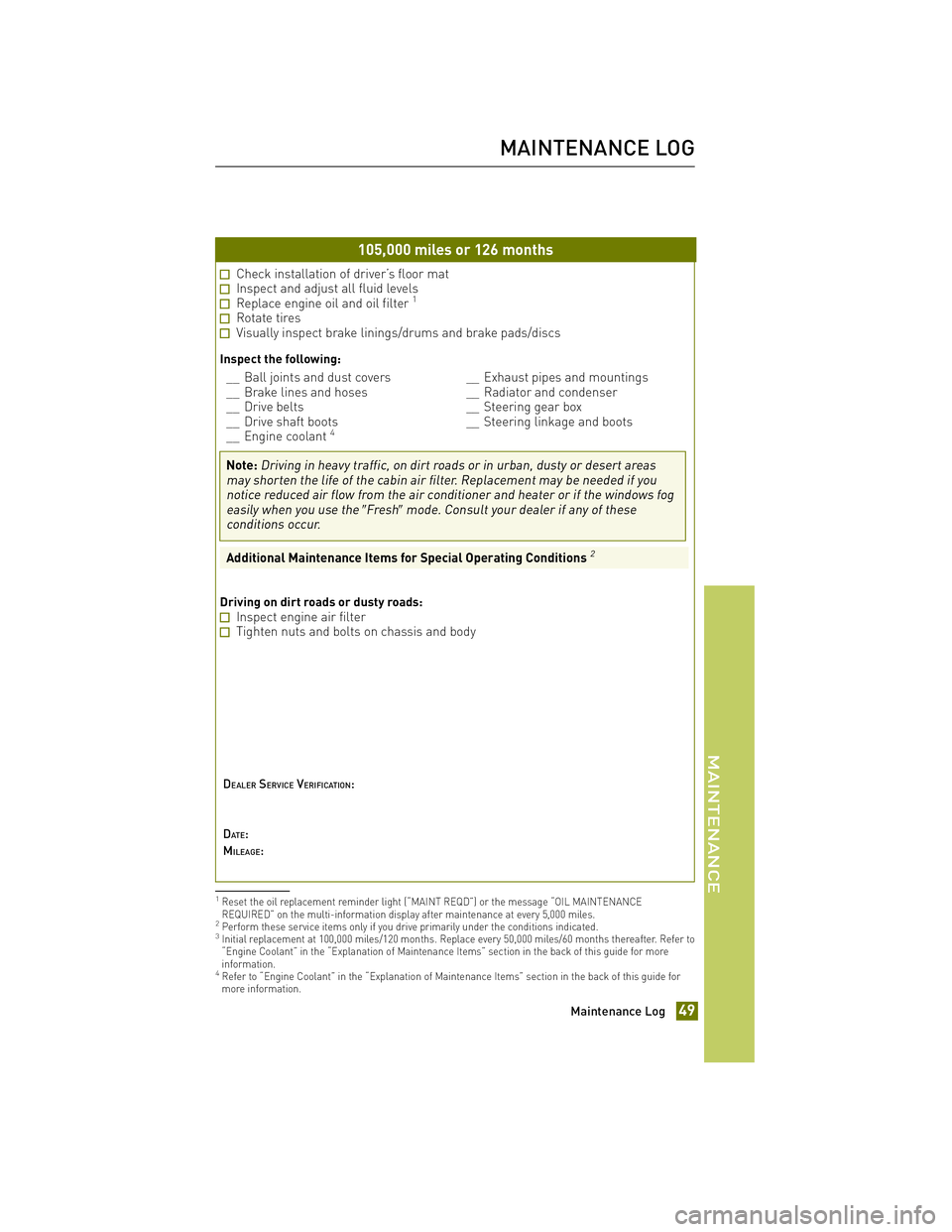 TOYOTA xB 2012 Warranties & Maintenance Guides (in English) JOBNAME: 972914-2012-sxb-toyw PAGE: 49 SESS: 14 OUTPUT: Thu Apr 7 13:10:18 2011
/tweddle/toyota/sched-maint/972914-en-sxb/wg
105,000 miles or 126 months
Check installation of driver’s floor matInspe TOYOTA xB 2012 Warranties & Maintenance Guides (in English) JOBNAME: 972914-2012-sxb-toyw PAGE: 49 SESS: 14 OUTPUT: Thu Apr 7 13:10:18 2011
/tweddle/toyota/sched-maint/972914-en-sxb/wg
105,000 miles or 126 months
Check installation of driver’s floor matInspe